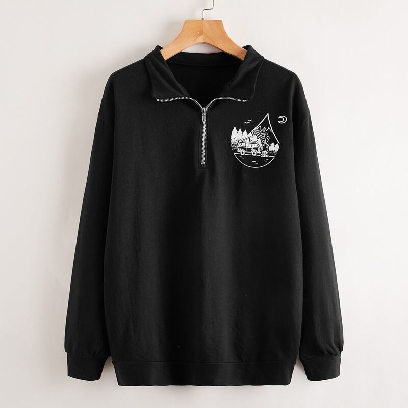 

Graphic Print Half-zip Sweatshirt, Black