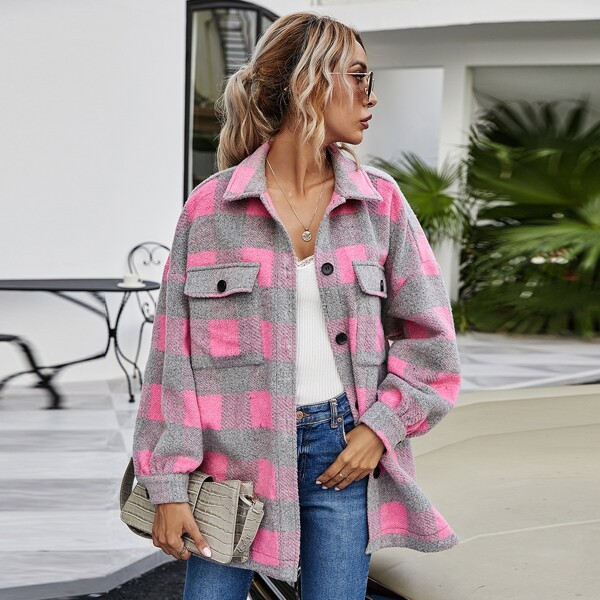 

Plaid Flap Pocket Drop Shoulder Overcoat, Multicolor
