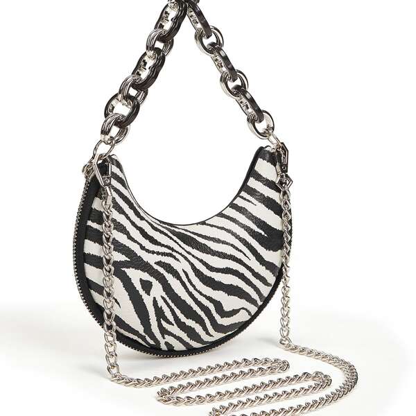 

Zebra Pattern Chain Baguette Bag, Black and white