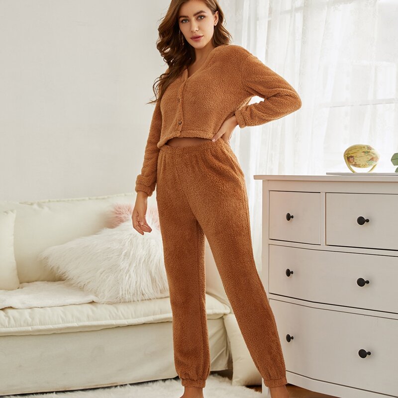 

Solid Button Up Flannel PJ Set, Brown