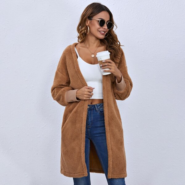 

Open Front Drop Shoulder Teddy Coat, Camel