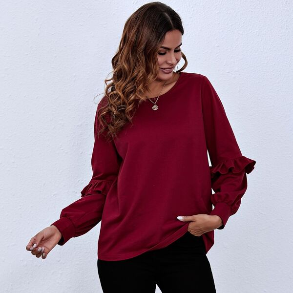 

Ruffle Trim Solid Pullover, Burgundy