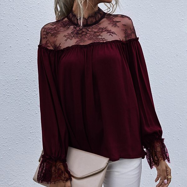 

Contrast Eye Lace Flounce Sleeve Blouse, Maroon