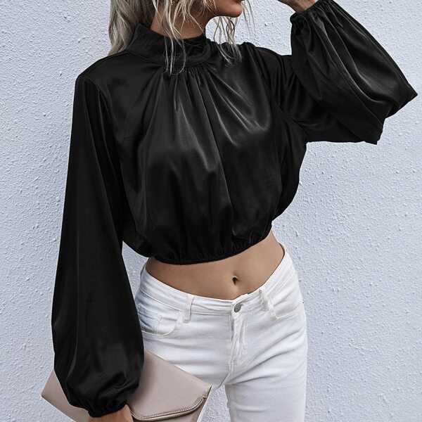 

Mock Neck Ruched Crop Satin Blouse, Black