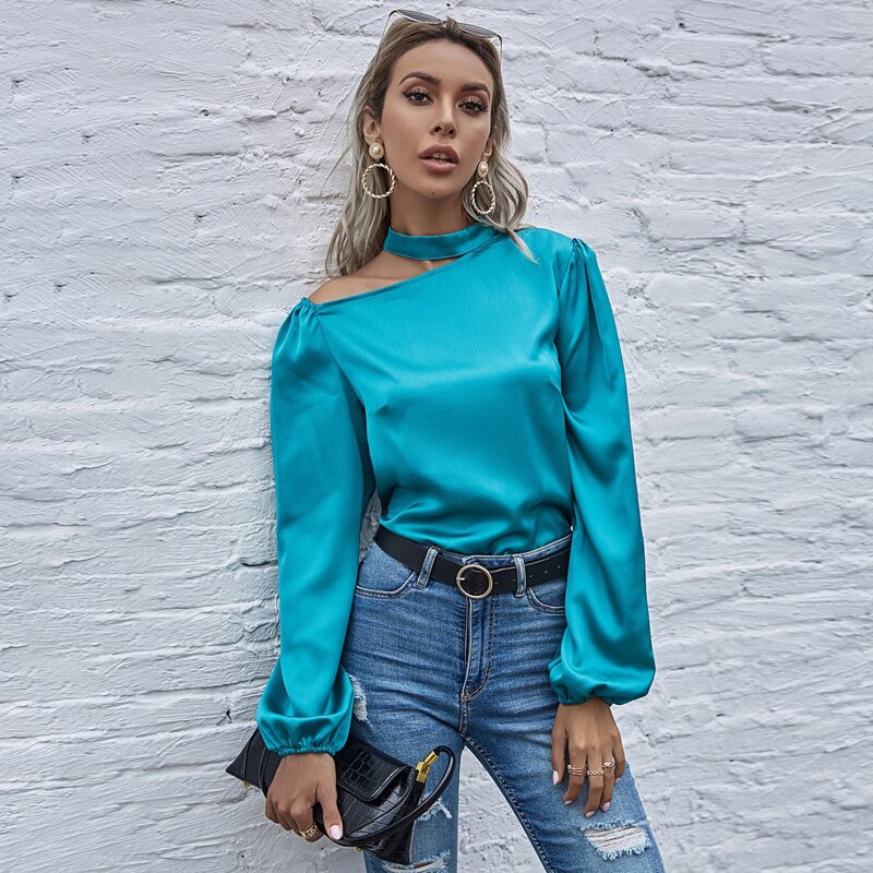 

Cut Out Lantern Sleeve Satin Blouse, Mint blue