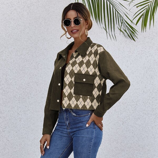 

Drop Shoulder Argyle Pattern Jacket, Army green