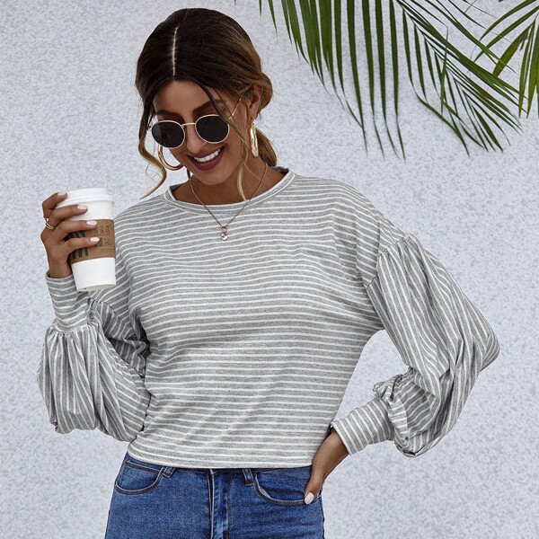 

Drop Shoulder Tie Back Striped Tee, Light grey