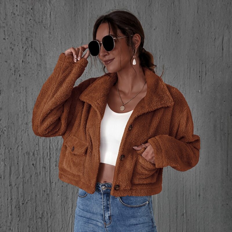 

Button Front Patch Pocket Teddy Jacket, Brown