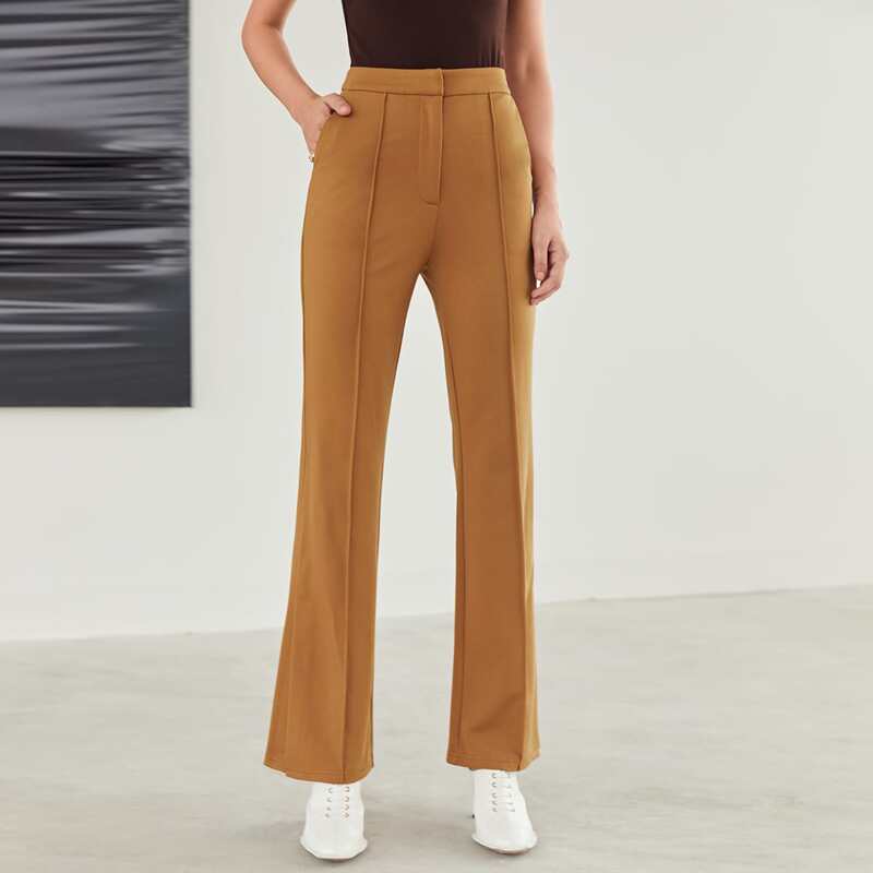 

Solid Flare Leg Pants, Brown