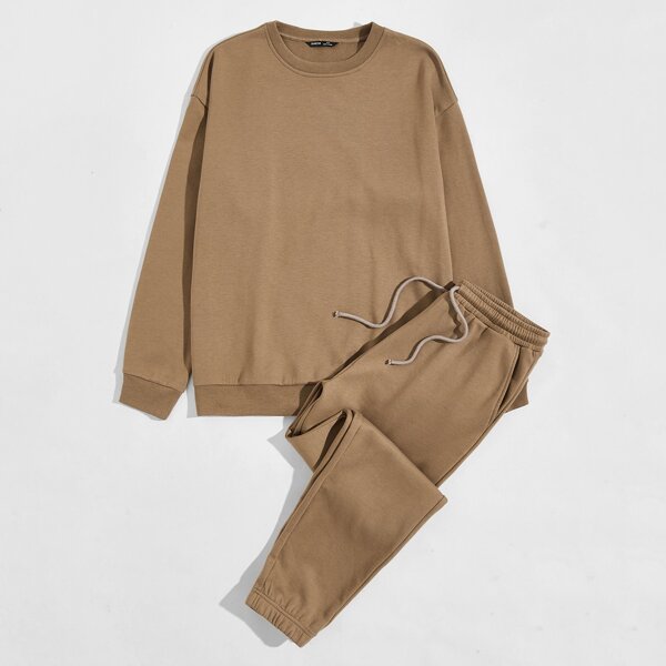 

Men Solid Drop Shoulder Pullover & Drawstring Sweatpants Set, Camel