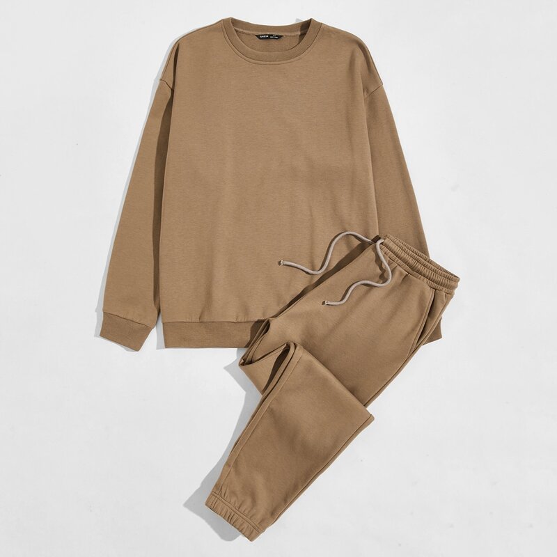 

Guys Solid Drop Shoulder Pullover & Drawstring Sweatpants Set, Camel