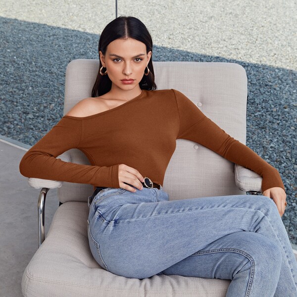 

Solid Asymmetrical Neck Slim Tee, Coffee brown