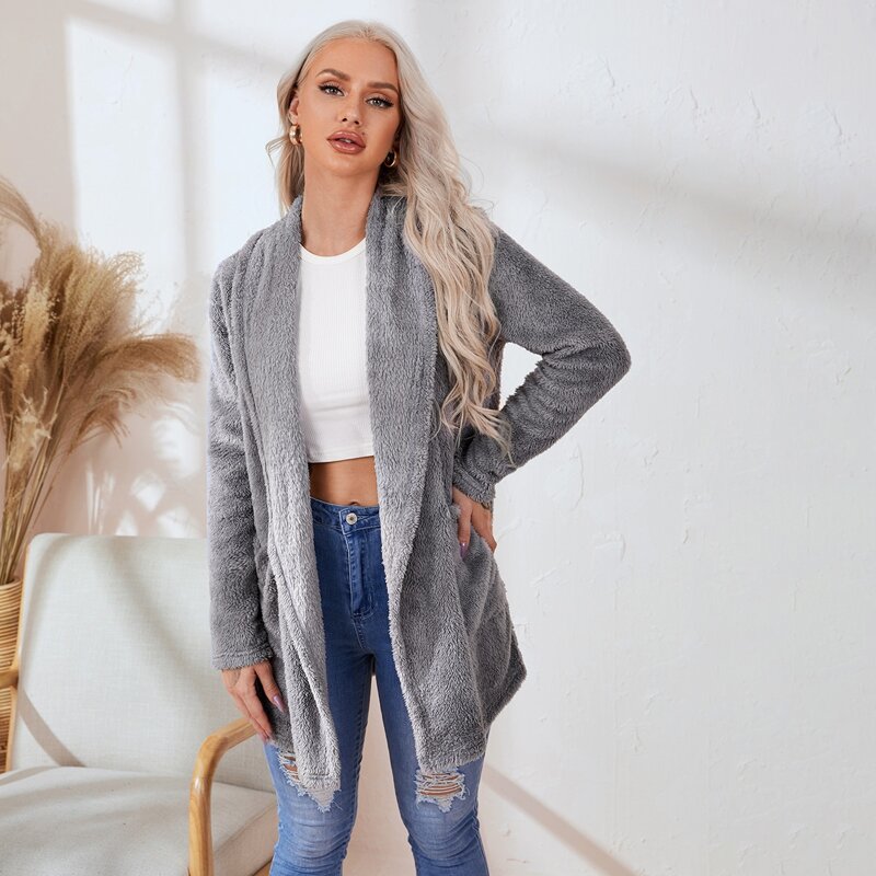 

Open Front Teddy Coat, Grey