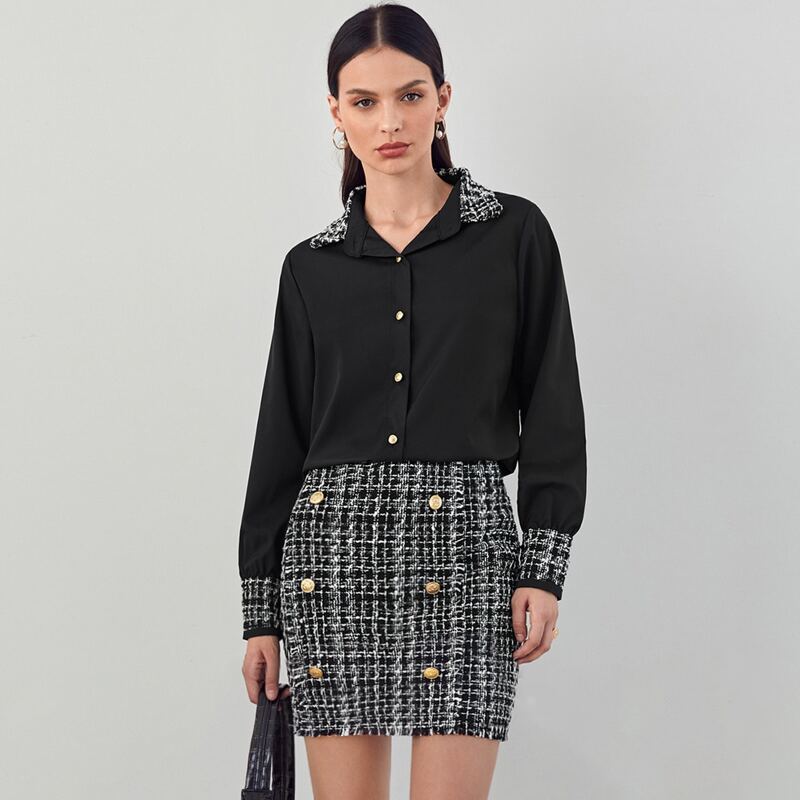 

Contrast Panel Blouse & Double Breasted Tweed Skirt, Black