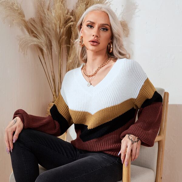 

Color Block Lantern Sleeve Sweater, Multicolor