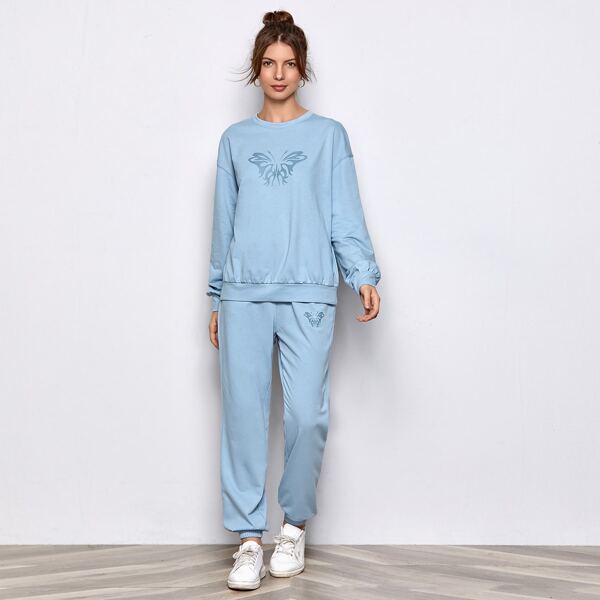 

Butterfly Print Drop Shoulder Sweatshirt and Sweatpants Set, Pastel baby blue
