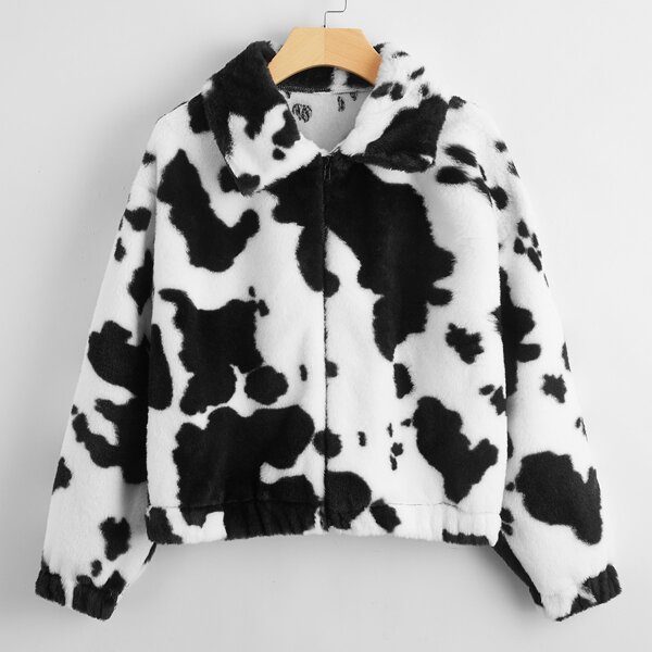 

Cow Print Zip Up Teddy Jacket, Black and white