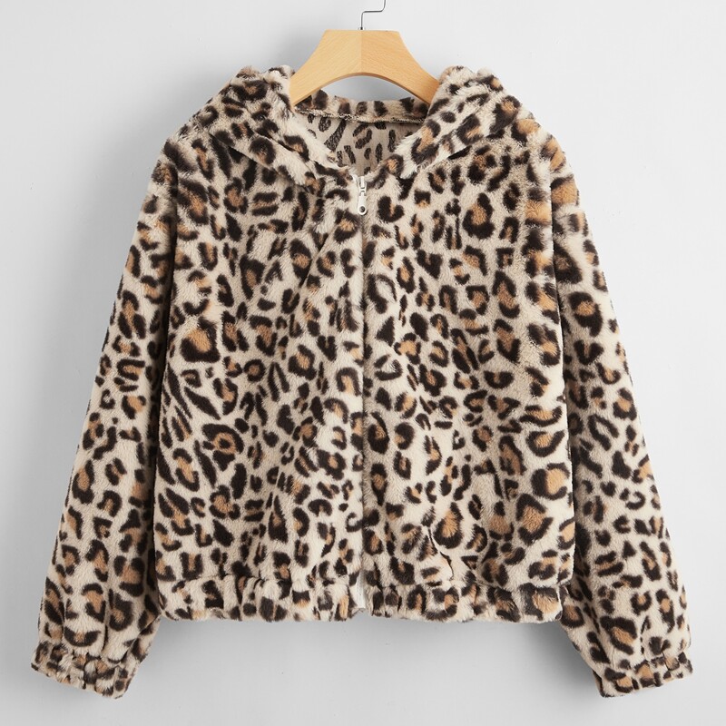 

Leopard Print Zip Up Teddy Jacket, Multicolor