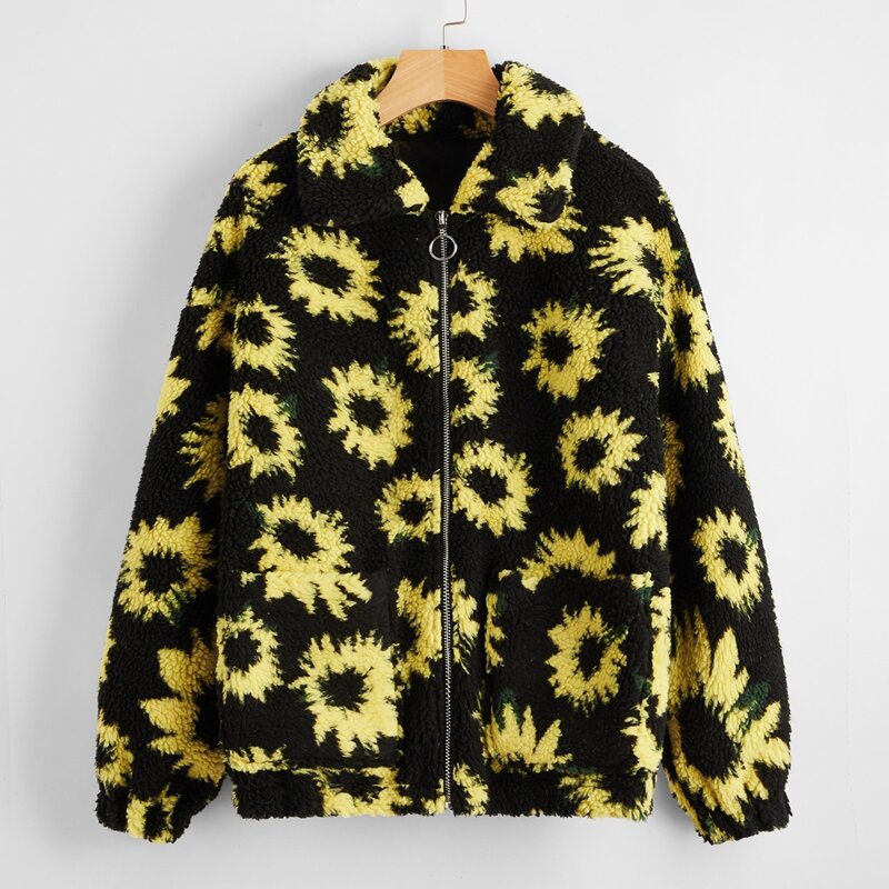 

Allover Floral Print Dual Pocket Teddy Jacket, Multicolor