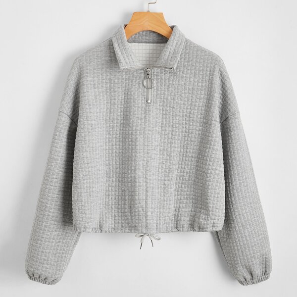 

O-ring Quarter Zip Drawstring Hem Sweatshirt, Light grey