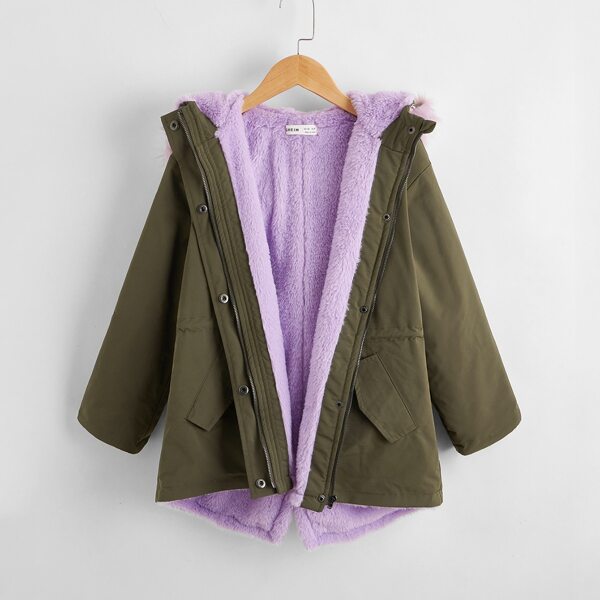 

Girls Contrast Faux Fur Hooded Parka Coat, Army green