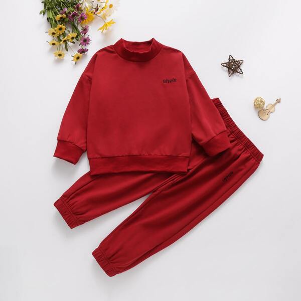 

Toddler Girls Drop Shoulder Letter Embroidery Sweatshirt & Sweatpants, Burgundy