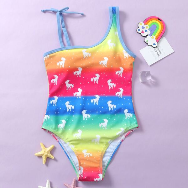

Girls Rainbow Stripe Unicorn Print One Piece Swimsuit, Multicolor