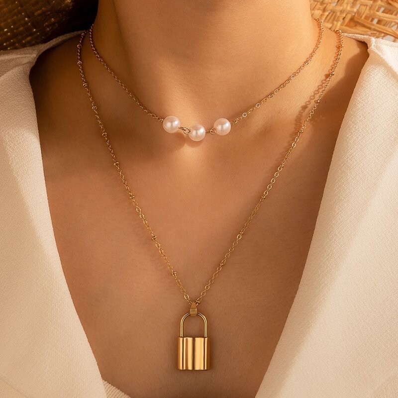 

Faux Pearl & Lock Decor Layered Necklace, Gold