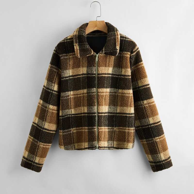 

Plaid Zip-up Teddy Jacket, Multicolor