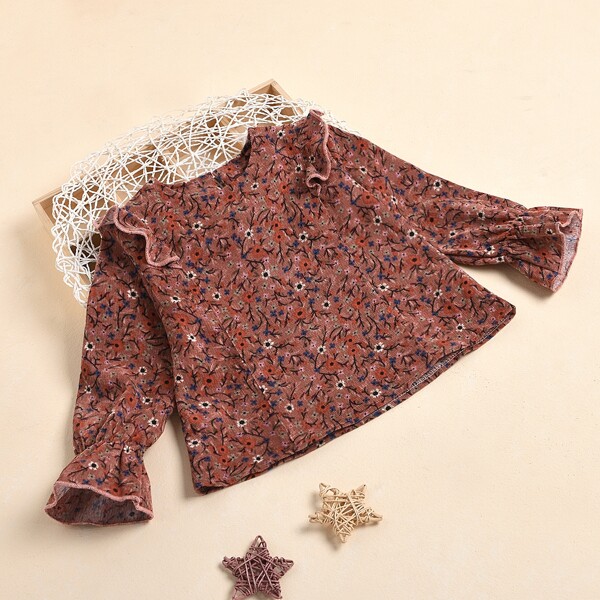 

Toddler Girls Corduroy Floral Print Ruffle Trim Blouse, Multicolor