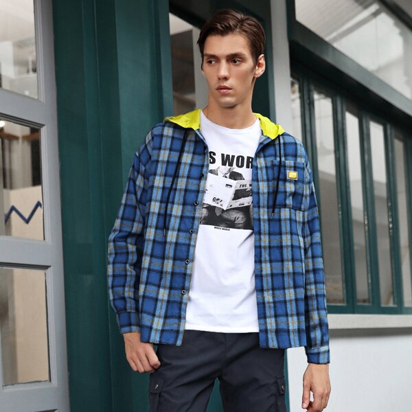 

Men Tartan Drop Shoulder Hooded Shirt, Blue