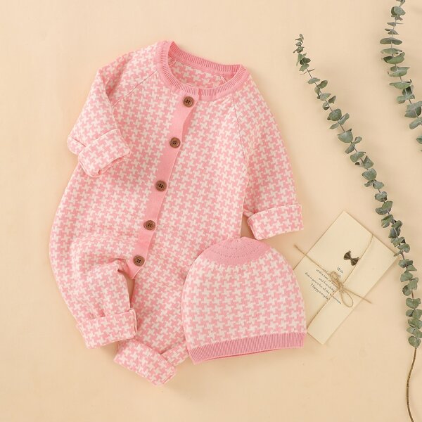 

Baby Girl Houndstooth Raglan Sleeve Knit Jumpsuit & Hat, Baby pink