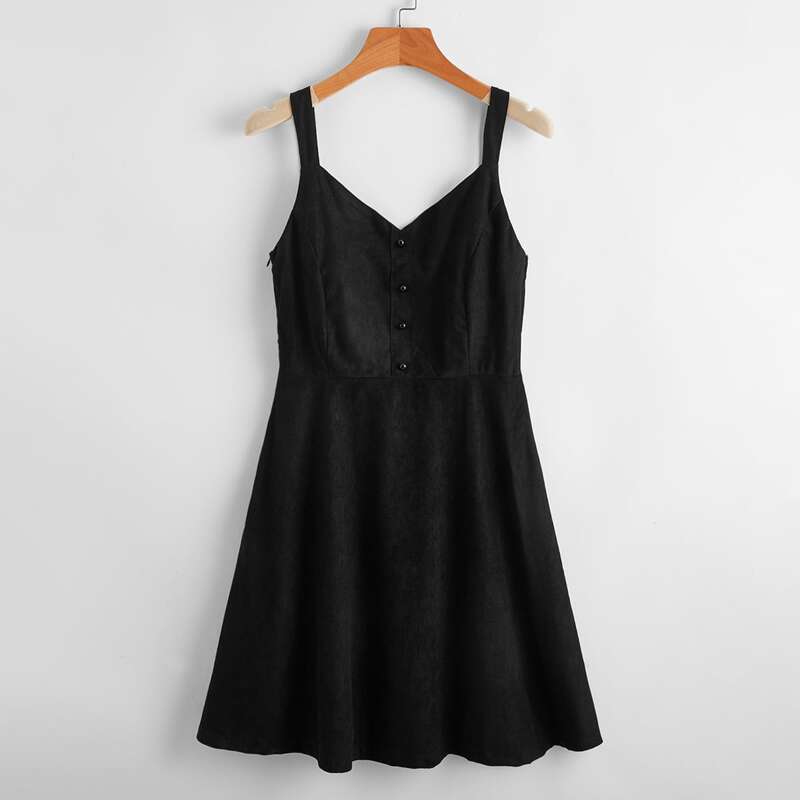 

Button Front Suede Cami Dress, Black
