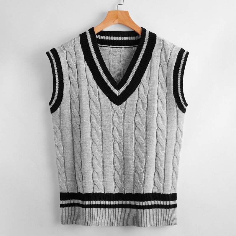 

Contrast Striped Trim Cable Knit Sweater Vest, Grey
