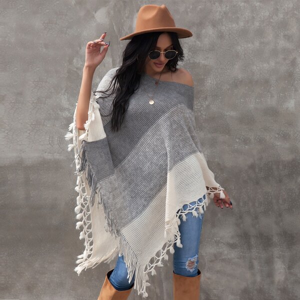 

Colorblock Fringe Hem Poncho Sweater, Multicolor