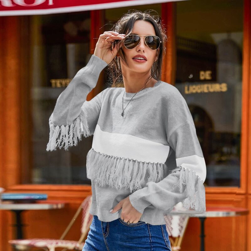 

Colorblock Fringe Trim Sweater, Light grey