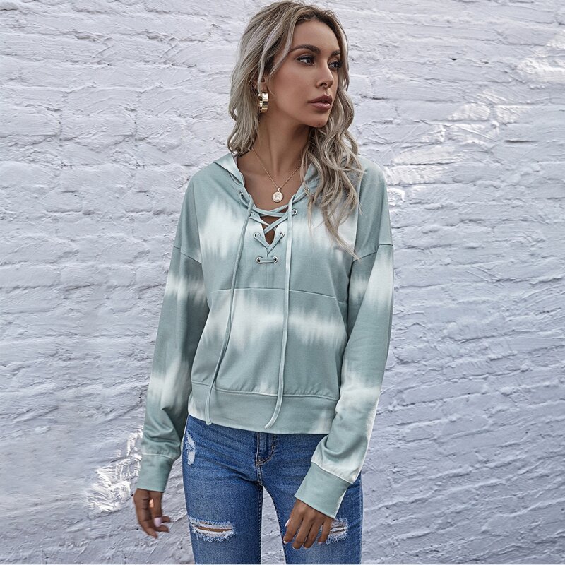 

Lace Up Front Drop Shoulder Hoodie, Multicolor