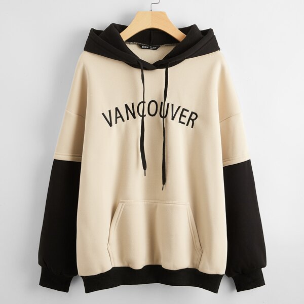 

Drop Shoulder Letter Embroidery Colorblock Hoodie, Khaki