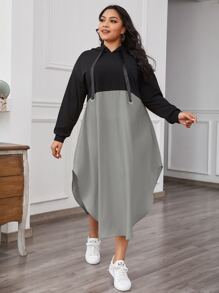 SHEIN LUNE Plus Two Tone Curved Hem Tape Hooded Sweatshirt Dress - Multicolor - View 1