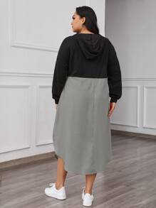 SHEIN LUNE Plus Two Tone Curved Hem Tape Hooded Sweatshirt Dress - Multicolor - View 2