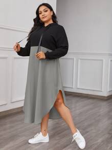 SHEIN LUNE Plus Two Tone Curved Hem Tape Hooded Sweatshirt Dress - Multicolor - View 4
