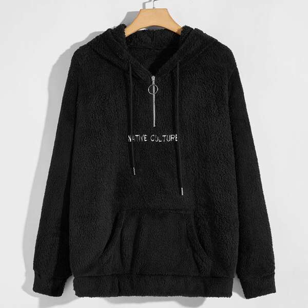

Men Letter Embroidery Drawstring Teddy Hoodie, Black