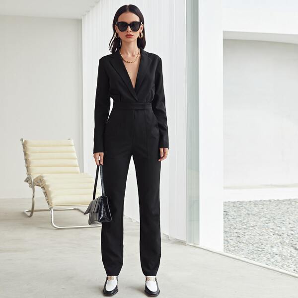 

Solid Lapel Neck Jumpsuit, Black
