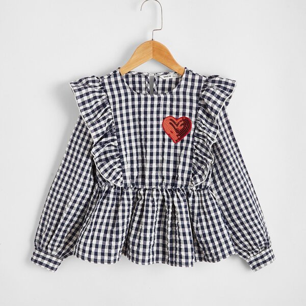 

Girls Gingham Sequin Heart Detail Ruffle Hem Peplum Top, Blue and white