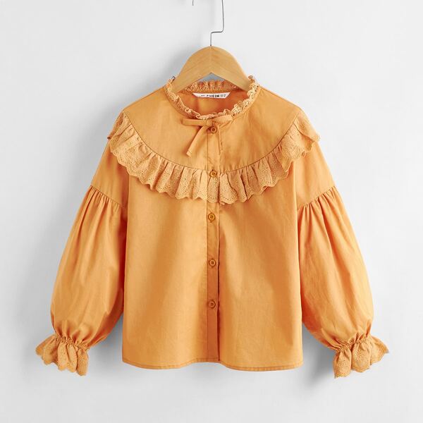 

Girls Eyelet Embroidery Trim Knot Front Blouse, Orange
