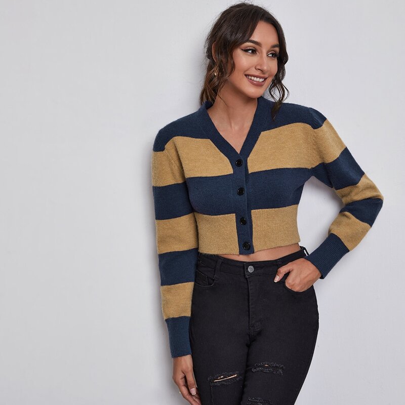 

Color Block Button Front Crop Cardigan, Multicolor