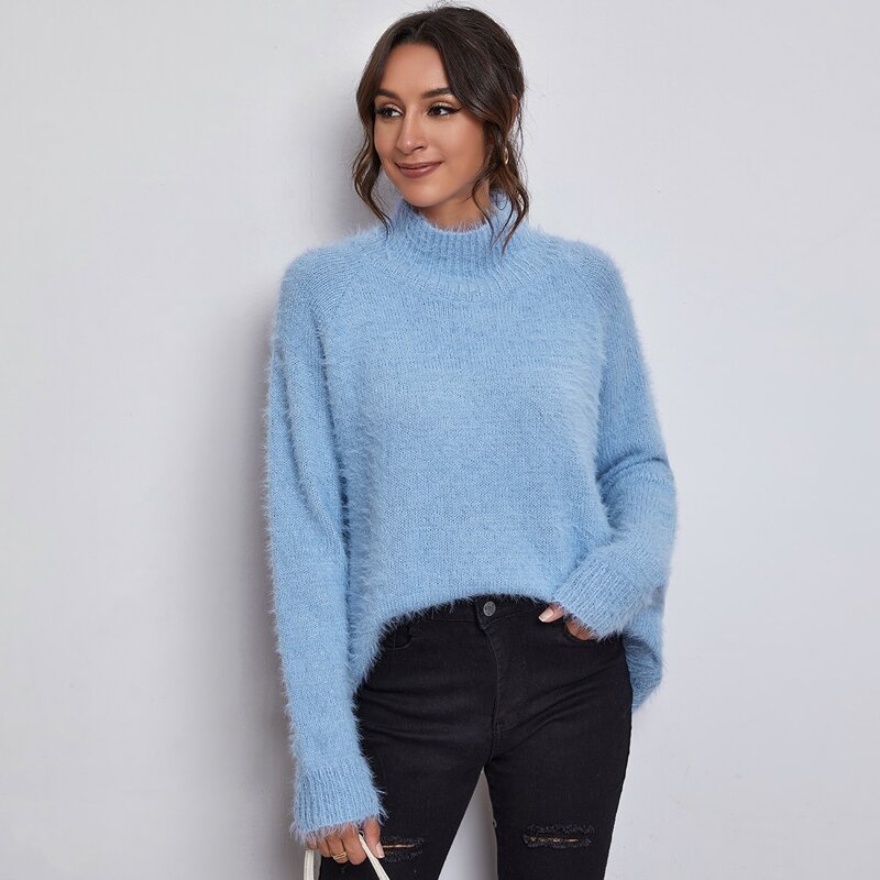 

Solid Stand Collar Sweater, Bright baby blue