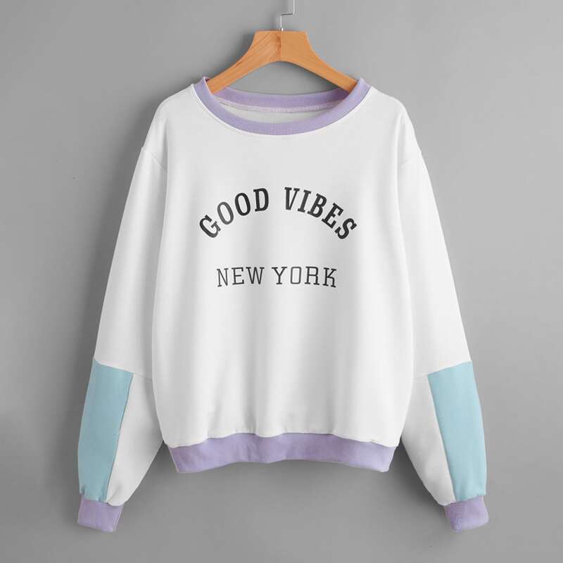 

Letter Graphic Contrast Binding Sweatshirt, White