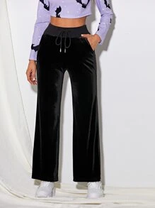 Muchica Drawstring Waist Straight Leg Velvet Trousers - Black - View 1
