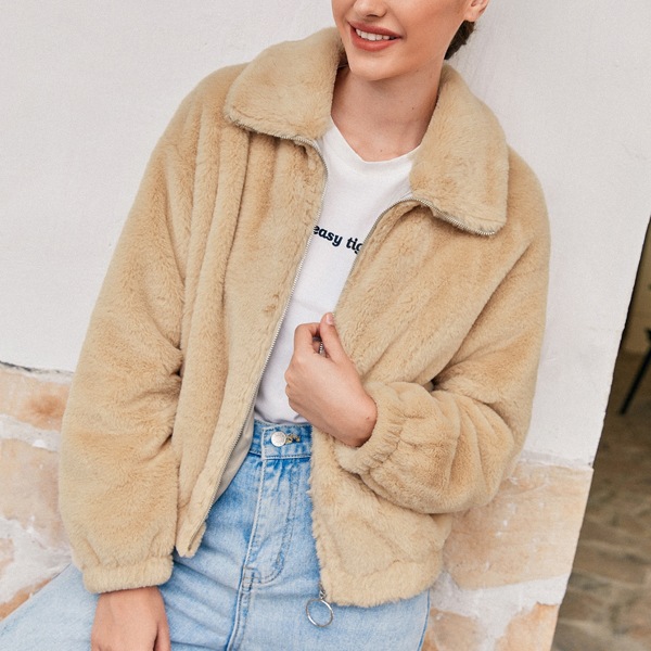 

Drop Shoulder O-ring Zip Up Teddy Jacket, Khaki
